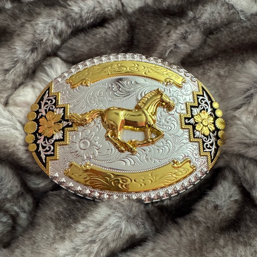 Gold and Silver Horse Round Belt Buckle